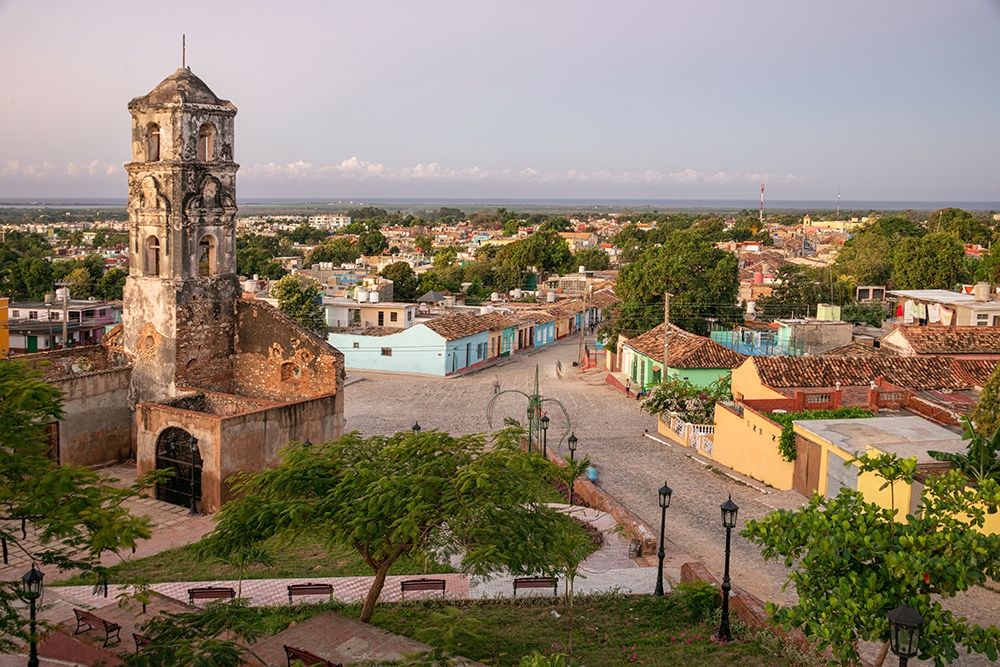 Morning hillside view of Santa Ana church-the plaza-Trinidad streets and the ocean-Cuba